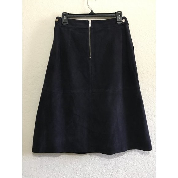 Warehouse-Leather Navy Blue Suede A Line Skirt Below Knee Size 6 - Picture 3 of 11